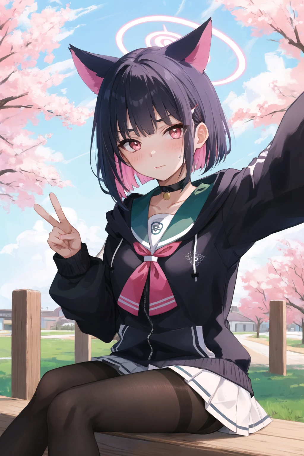 kazusa, 1girl, animal ears, colored inner hair, [(pink halo:0.76):halo:6]
black choker, black jacket, black pantyhose, green sailor collar, hooded jacket, white skirt, miniskirt, pink neckerchief, school uniform, hairclip
collarbone, medium breasts
BREAK selfie, blush, (sweatdrop:1.05), closed mouth, pursed lips, (wavy mouth:0.7), (v over eye, peace sign:1.1), (v-shaped eyebrows:1.2), [expressionless]
sitting, day, tree, park, (reaching towards viewer:1.275), blue sky
looking at viewer,
<lora:chara-kazusa-v1c-16:1>,