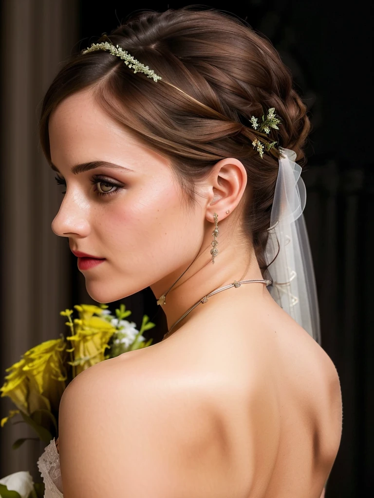 (((photo from side looking over shoulder to camera:1.3))), ((veil)), (((full body photo:1.3))) of Emma Watson wearing a beautiful form fitting white wedding dress, long train, ((cleavage)), (((standing alone at the altar of a dark ancient church:1.3))), (((holding a bouquet:1.2))), ((perfect hands)), (makeup and red lipstick:1), extremely high quality RAW photograph, detailed background, intricate, Exquisite details and textures, highly detailed, ultra detailed photograph, warm lighting, artstation, 4k, sharp focus, high resolution, detailed skin, detailed eyes, 8k uhd, dslr, high quality, film grain, Fujifilm XT3,
