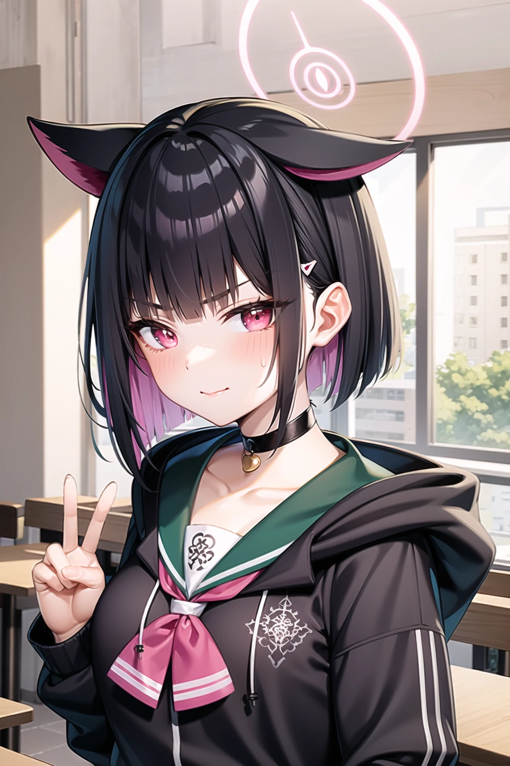 kazusa, 1girl, animal ears, colored inner hair, short hair, halo, medium breasts, collarbone
school uniform, black jacket, hooded jacket, black choker, green sailor collar, pink neckerchief, 
BREAK expressionless, light smile, [:(peace sign:1):4], sweatdrop
upper body, indoors, cafe, v-shaped eyebrows
<lora:chara-kazusa-v1c-16:1>,