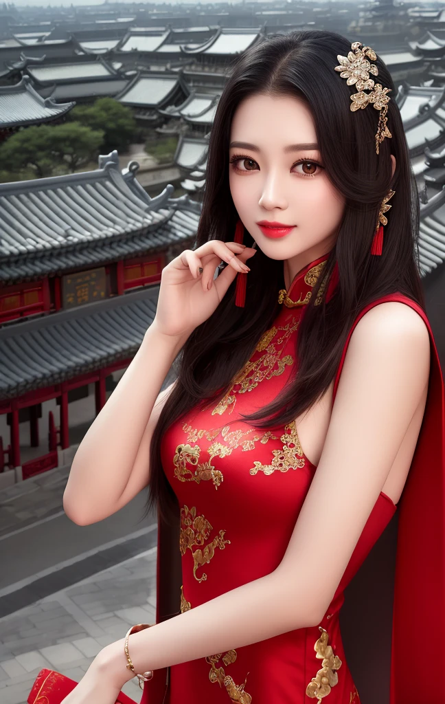 best quality, masterpiece, highres, 1girl,china dress,Beautiful face,
hair ornament, solo,looking at viewer,smile,closed mouth,lips,
china dress,dress,hair ornament, necklace, jewelry, long hair, earrings, chinese clothes,
architecture,east asian architecture,building,outdoors,rooftop,city,cityscape <lora:GuoFeng3.2_Lora_light:1.5>