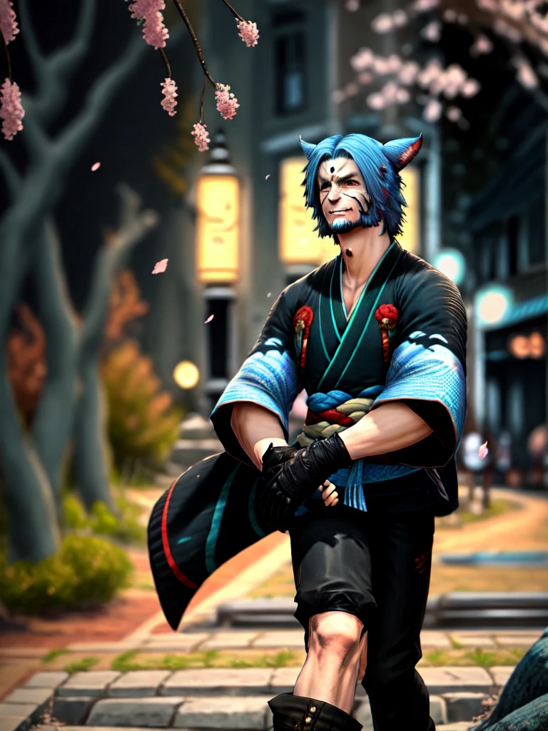 <lora:MaleMiqote:.7>, miqote, 1boy, male focus, animal ears, gloves, solo, blue hair, facial hair, cat boy, cat ears, blurry background, bokeh, outdoors, hair between eyes, looking at viewer, pants, beard, black gloves, kimono, facial mark, smirk, sakura falling