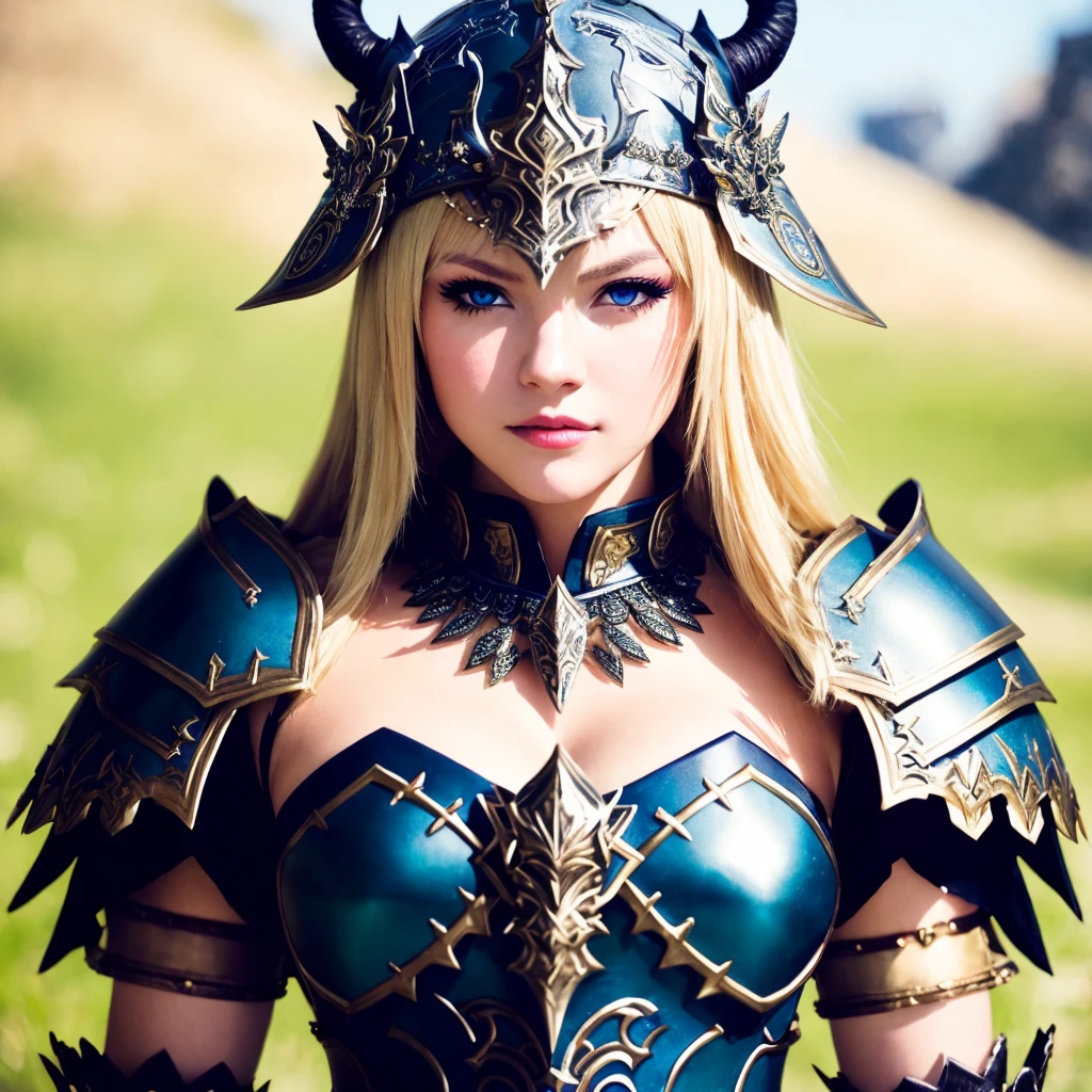 Masterpiece, high quality, 4K, beautiful design, shiny, from above, top angle, (redshift style:1.1), (analog style:1.1), sexy, realistic, photo shoot, professional, high contrast, blonde woman,[Ella Fanning|Elsa Jean], 1girl, solo, expressive look, HDR, highest quality, sharp focus, looking at viewer, facing viewer, 8k, blue eyes, wearing WAR_glam armor, armor decorated with jewels, warrior armor, helmet, barbarian armor, final fantasy xiv setting, <lora:WAR_Glam:0.655>, (closeup:1.2), (extreme closeup:1.2), face focus,
