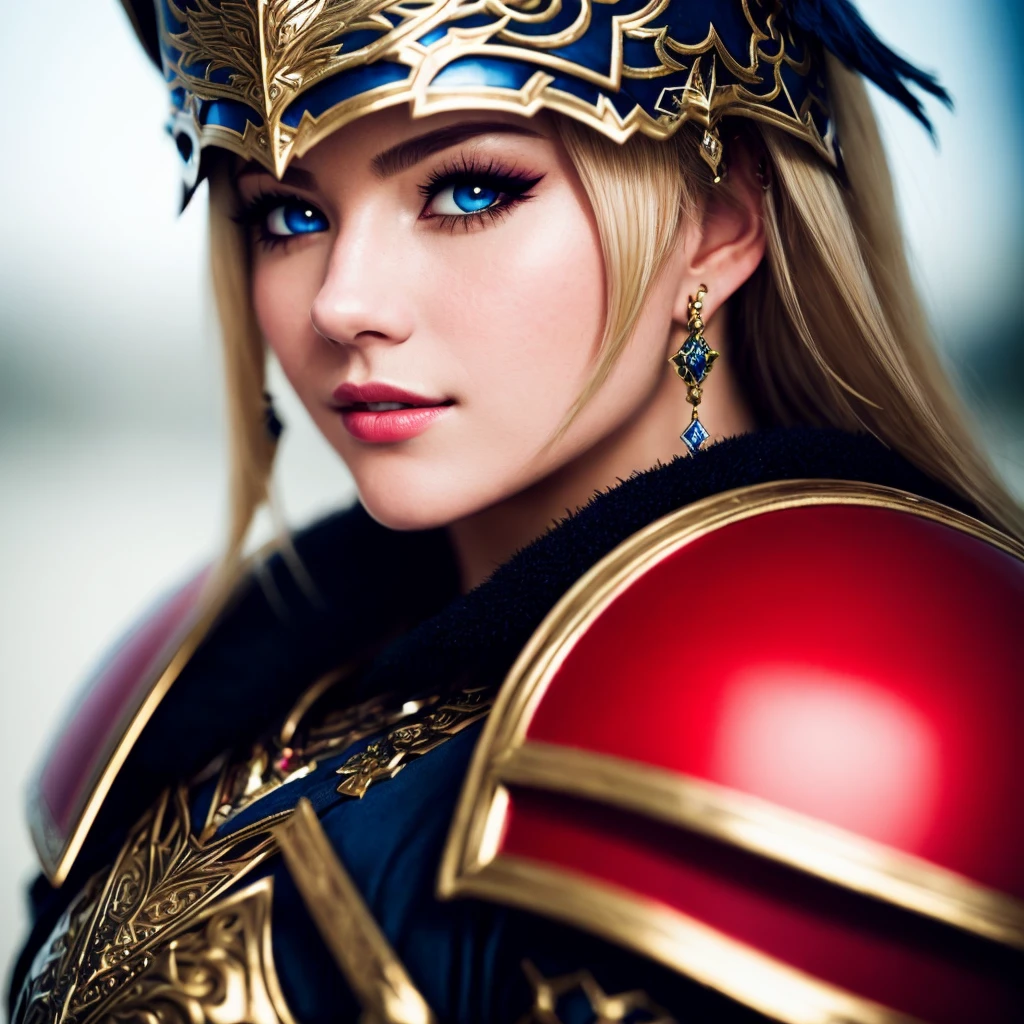 Masterpiece, high quality, 4K, beautiful design, shiny, from above, top angle, (redshift style:1.1), (analog style:1.1), sexy, realistic, photo shoot, professional, high contrast, European woman,[Elle Fanning|Lana Rhoades], 1girl, solo, expressive look, HDR, highest quality, sharp focus, looking at viewer, facing viewer, 8k, blue eyes, wearing WAR_glam armor, armor decorated with jewels, warrior armor, helmet, barbarian armor, final fantasy xiv setting, <lora:WAR_Glam:0.655>, (upper body closeup:1.2), (extreme closeup:1.2), face focus,