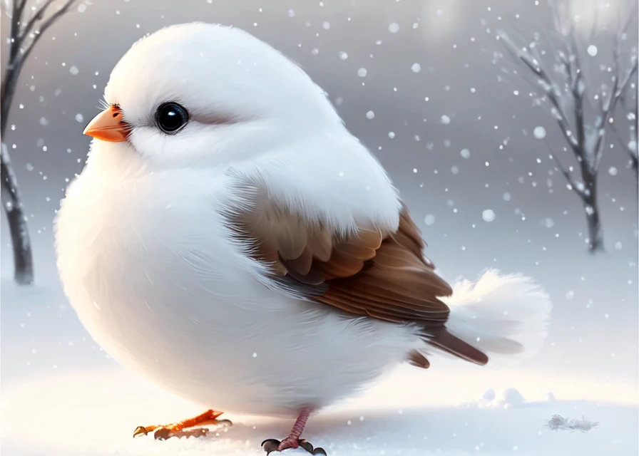a cute round bird, soft colors, winter, breathtaking, digital painting, realistic, masterpiece, volumetric lighting, soft paint brush strokes