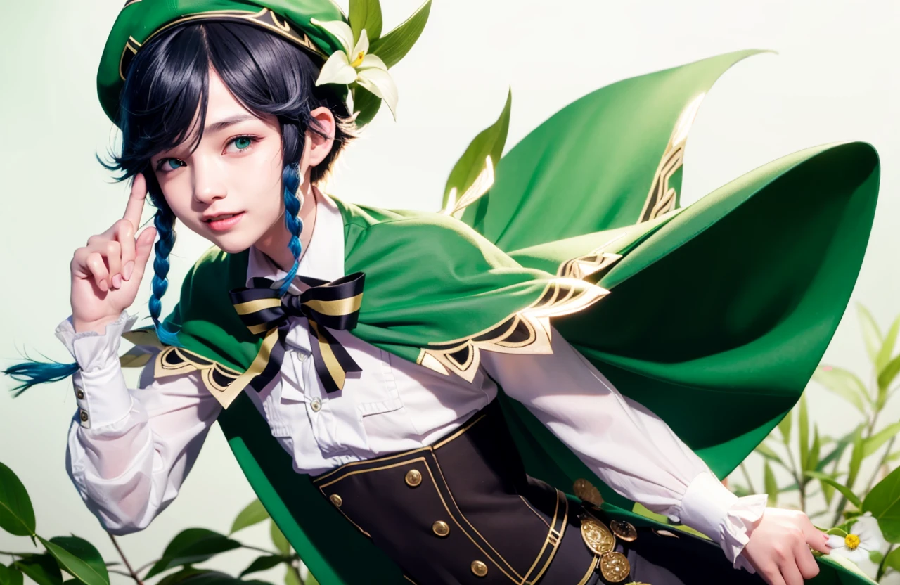 masterpiece, best quality,1boy, male focus, venti (genshin impact), smile,flower, open mouth, solo, hat, white flower, braid, green headwear, twin braids, lyre, smile, black hair, gradient hair, blue hair, multicolored hair, bangs, instrument, long sleeves, green eyes, musical note, beret, holding, holding instrument, bow, collared cape, short hair with long locks, androgynous, cape, leaf, looking at viewer, shirt, jewelry