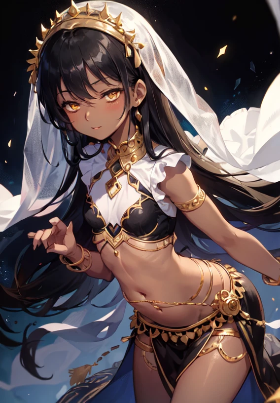 masterpiece, extremely detailed,looking at viewer,leaning forward, 1girl, ((((dark skin)))), long hair, (black hair), yellow eyes, almost closed eyes, ((((small breasts)))), solo, hands on chest, belly dancer outfit,