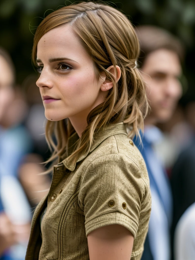 full body photo of Emma Watson walking through crowds at comic-con, extremely high quality RAW photograph, detailed background, intricate, Exquisite details and textures, highly detailed, ultra detailed photograph, warm lighting, artstation, 4k, sharp focus, high resolution, detailed skin, detailed eyes, 8k uhd, dslr, high quality, film grain, Fujifilm XT3,