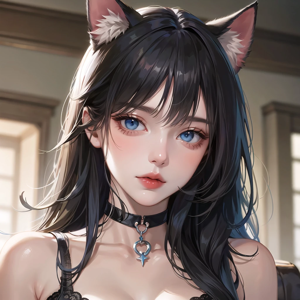 1girl, animal ears, bangs, black choker, black hair, blue eyes, blurry, cat ears, choker, closed mouth, collarbone, eyelashes, lips, long hair, looking at viewer, portrait, solo,(shiny skin),realistic,fashi-girl,mature female