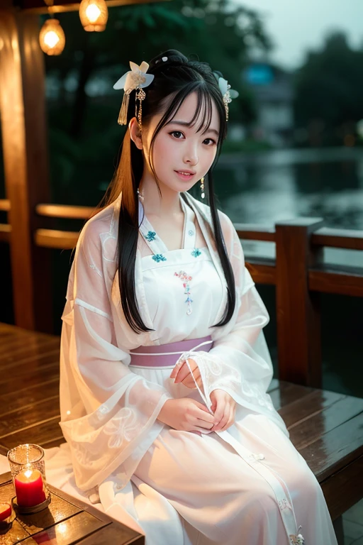 (8k, best quality, masterpiece:1.2), (realistic, photo-realistic:1.37), cute, night, sitting, dating, (nose blush), (smile:1.15), (closed mouth) small breasts, beautiful detailed eyes,, night, wet, rain, white lace, floating hair,1girl Wearing a long China hanfu dress is holding a fan,<lora:hanfu:0.6>