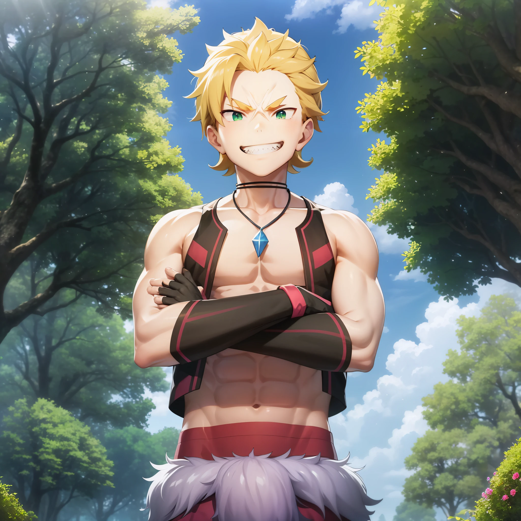 masterpiece,best quality,2d,anime,
1boy, male focus, blonde hair, solo, green eyes, teeth, jewelry, outdoors, abs, day, crossed arms, smile, sharp teeth, tree, looking at viewer, necklace, sky, fingerless gloves, gloves, vest, pants, black gloves, sunlight, muscular, forest, nature, pectorals, grin, open vest, <lora:garf:1>,