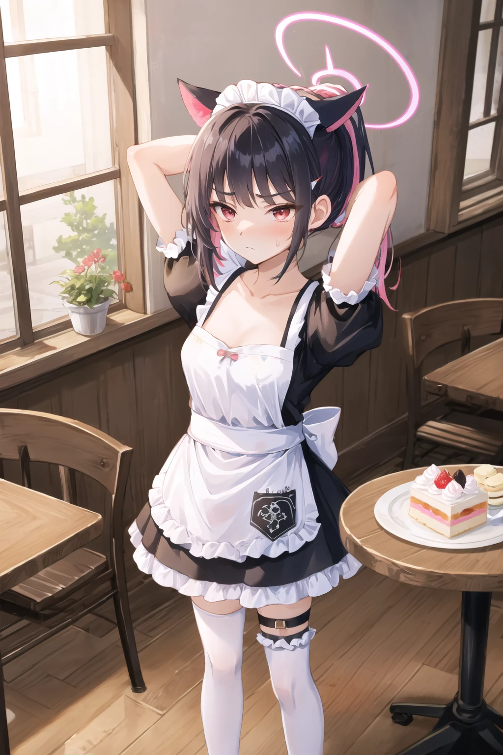 kazusa, 1girl, animal ears, colored inner hair, halo, medium hair, hairclip, alternate costume, alternate hairstyle, enmaided, (high ponytail:1.25), pink streaks hair, adjusting hair, arms up
[medium breasts:medium breasts, cleavage:7], collarbone, black dress, maid headdress, frills apron, white thighhighs, thigh strap, puffy short sleeves
BREAK (unamused, jitome:1.05), blush, sweatdrop, expressionless, v-shaped eyebrows, closed mouth, pouting, standing
plate, macaron, cake, indoors, maid cafe, restaurant, window, table, dutch angle, full body, [looking away:looking at viewer, annoyed:10], red eyes
<lora:chara-kazusa-v1c-16:1>