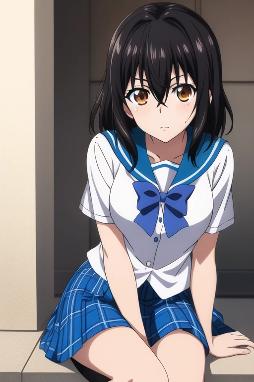 masterpiece, best quality,1girl,solo,<lora:yukina:0.6>,himeragi yukina ,strike the blood, brown eyes,black hair,blue bow,hair between eyes,medium hair,medium breasts,school uniform,black legwear