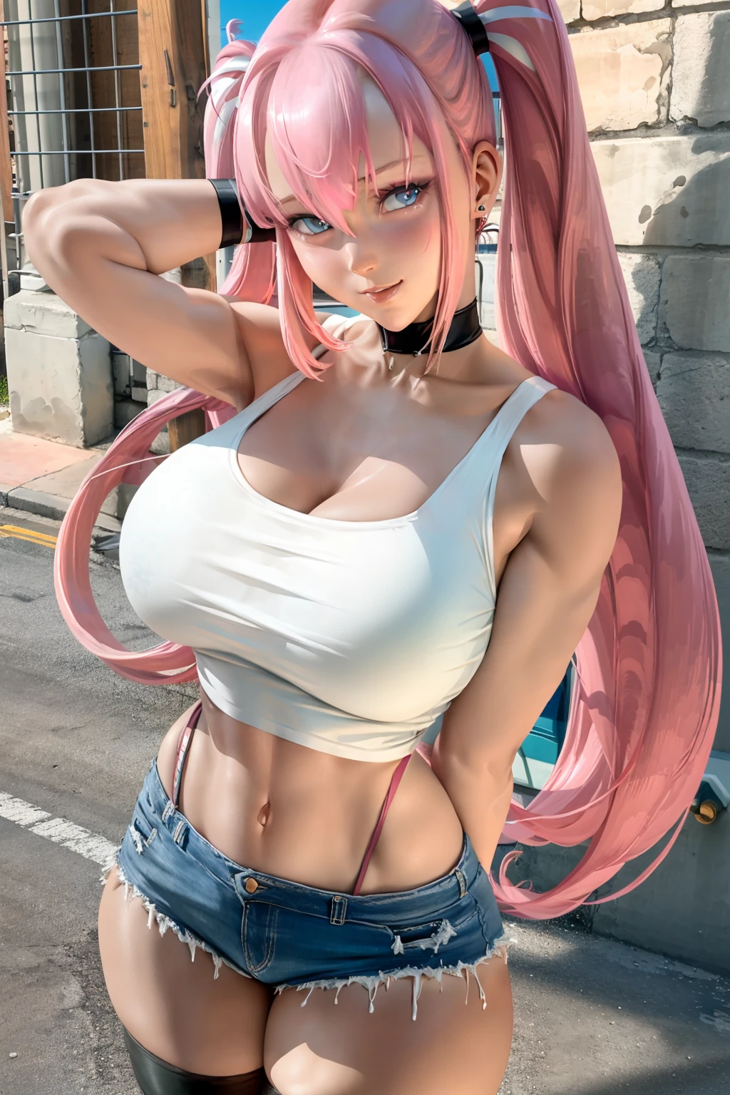 masterpiece, best quality,midriff,white tank top,denim short shorts, thighhighs,twin tails,(pink hair:1.3),(huge breasts:1.4),absurdly long hair,street,city,heavy blush,closed mouth,happy,choker,blue eyes,blue eyes,zumi,looking at viewer,large hoop earrings <lora:zumi:1>