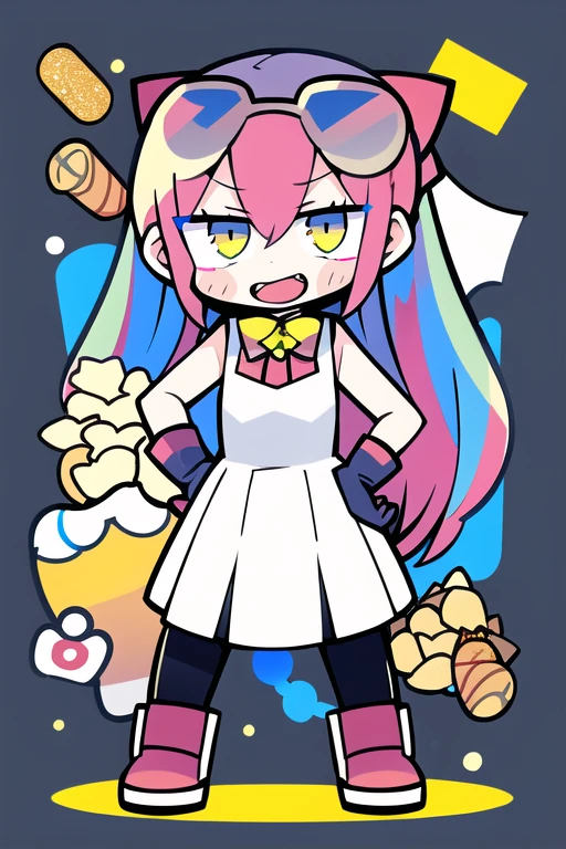 master, best quality, 1girl, solo, long_hair, looking_at_viewer, smile, open_mouth, gloves, dress, bow, very_long_hair, yellow_eyes, pink_hair, :d, hair_bow, multicolored_hair, food, virtual_youtuber, bowtie, white_dress, sunglasses, candy, eyewear_on_head, asymmetrical_legwear, hands_on_hips, mismatched_legwear, copyright, popcorn, <lora:teradatera:1>, chibi