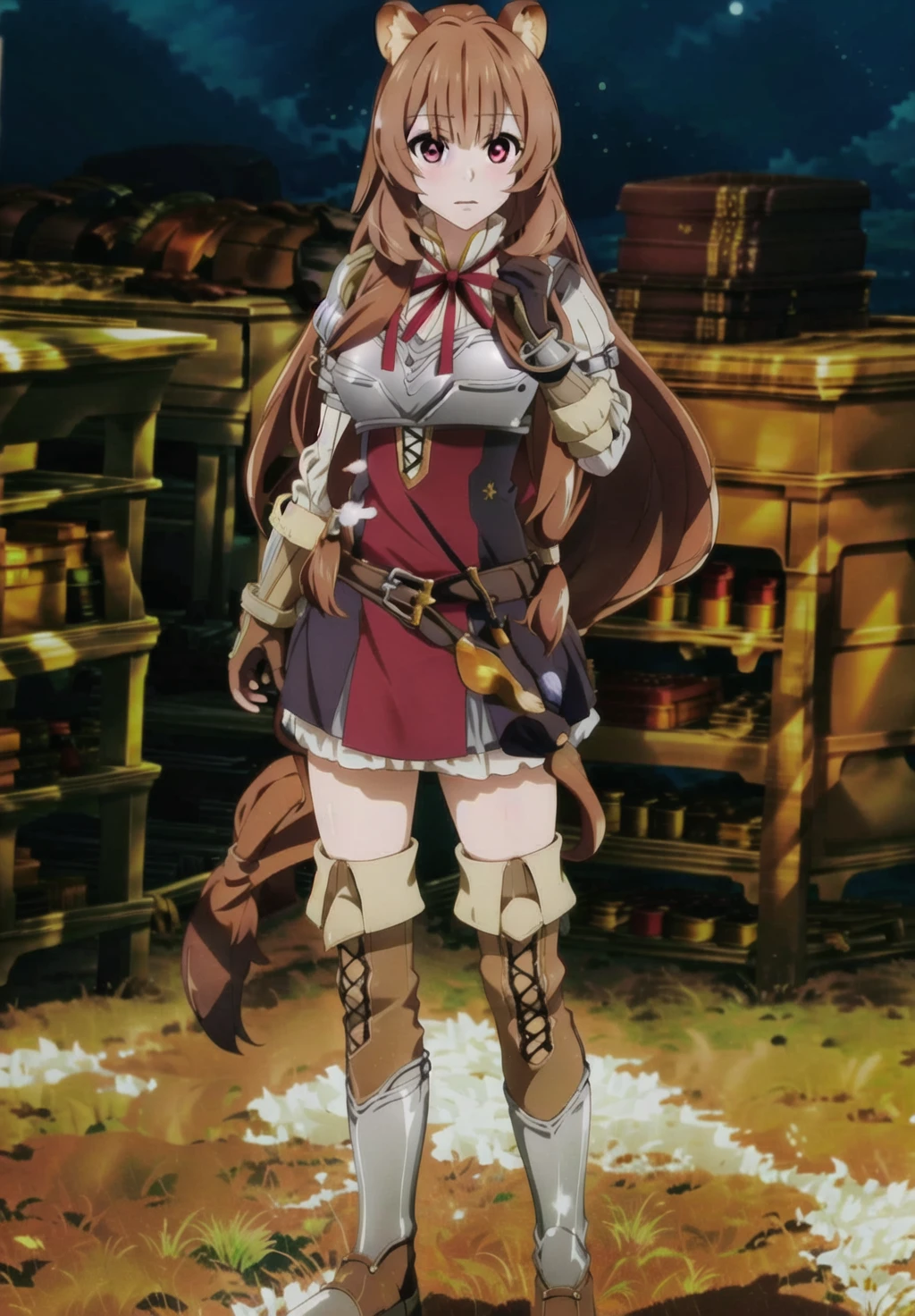 chromatic aberration, depth of field, soft lighting, masterpiece, best quality, <lora:RaphtaliaLora-000018:1>, Raphtalia, 1girl, solo, long hair, looking at viewer, bangs, skirt, on inn, brown hair, red eyes, thighhighs, long sleeves, animal ears, standing, full body, belt, armor, floating hair, thigh boots, brown footwear, brown gloves, legs apart, raccoon ears, raccoon tail, tail, raccoon girl,