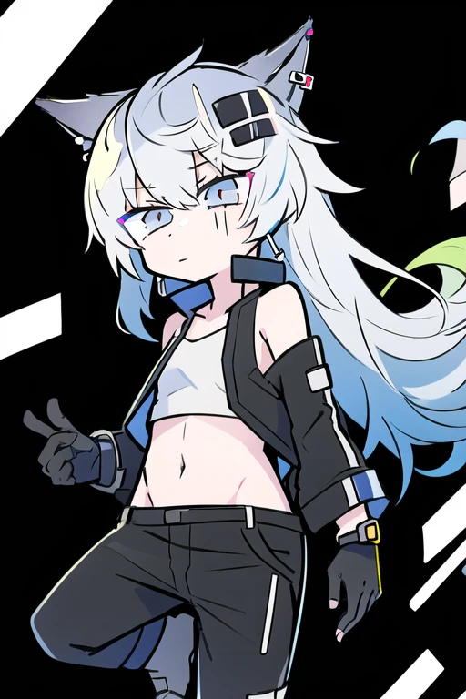 masterpiece, best quality, original_outfits,1girl,solo, long_hair, boots, pants, navel, crop_top, jacket, logo,gloves, floating_hair, earrings, off_shoulder, open_jacket, midriff, black_footwear, multicolored_hair, bare_shoulders, helmet_removed, open_clothes, cross_earrings, sleeveless, jewelry, bangs, long_sleeves, <lora:arknightsLappland_v20:1>,<lora:teradatera:1>, chibi