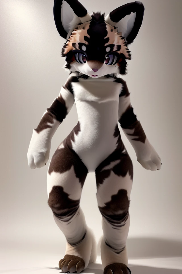 RAW photo, uhd, dslr, high quality, realistic, photo realistic, dreamlikeart, lens flare, standing, upper body, looking at viewer, animal focus, furry, fursuit, 1girl, cute, kawaii, lovely, fur, fur head, narrow waist, animal ears, paw, paw shoes, white fur,