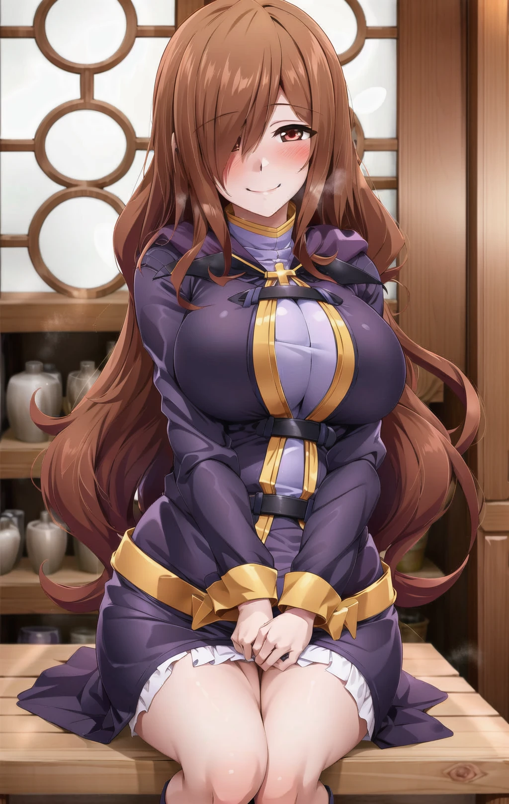 chromatic aberration, depth of field, soft lighting, masterpiece, best quality, WizKonosuba, 1girl, long hair, looking at viewer, blush, smile, large breasts, brown hair, <lora:WizKonosubaLora:0.8>, pov