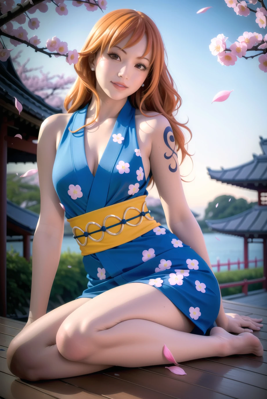 masterpiece, (photorealistic:1.5), best quality, beautiful lighting, real life, 
nami \(one piece\),
1girl, architecture, cherry blossoms, east asian architecture, falling petals, gold, japanese clothes, kimono, log pose, long hair, looking at viewer, open mouth, orange hair, petals, shoulder tattoo, solo, tattoo, teeth, upper teeth only
, intricate, high detail, sharp focus, dramatic, beautiful girl , (RAW photo, 8k uhd, film grain), caustics, subsurface scattering, reflections   <lora:nami_final_offset:1> <lora:koreanDollLikeness_v10:0.2>