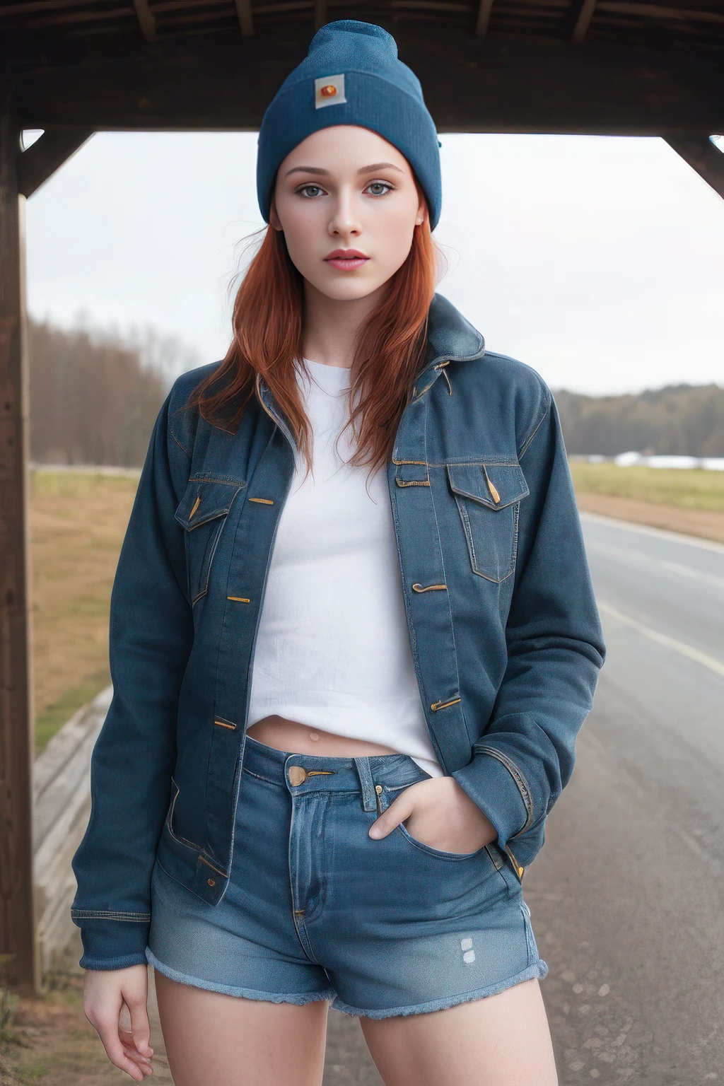 Informative, analog style, eye focus, highest quality, (highly detailed skin, detailed skin texture), RAW color photo, (clothed), of a beautiful Scottish, red hair, pale skin woman with short hair, 20 year old, (tomboy), (wearing beanie, tight blue jeans, and Carhartt work coat overtop of sweatshirt), standing outside on cold winter day, Athletic physique, small breasts, stunning ass, perfect face, alluring eyes, perfect iris, [makeup], skin pores, [freckles], (highly detailed, fine details), diffused lighting, tilt shift, side lighting, film grain, photographed on a Canon EOS R5, 8k resolution, ((full body))