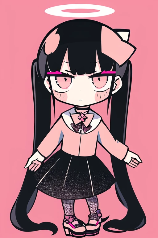 masterpiece, best quality, 1girl, solo, long_hair, looking_at_viewer, bangs, skirt, shirt, black_hair, long_sleeves, bow, ribbon, twintails, hair_bow, heart, pantyhose, frills, shoes, choker, blunt_bangs, black_skirt, pink_eyes, halo, pink_background, frilled_skirt, pink_bow, fishnets,pink_shirt, fishnet_pantyhose, platform_footwear, pink_theme, jirai_kei, monochrome,<lora:teradatera:1>, chibi