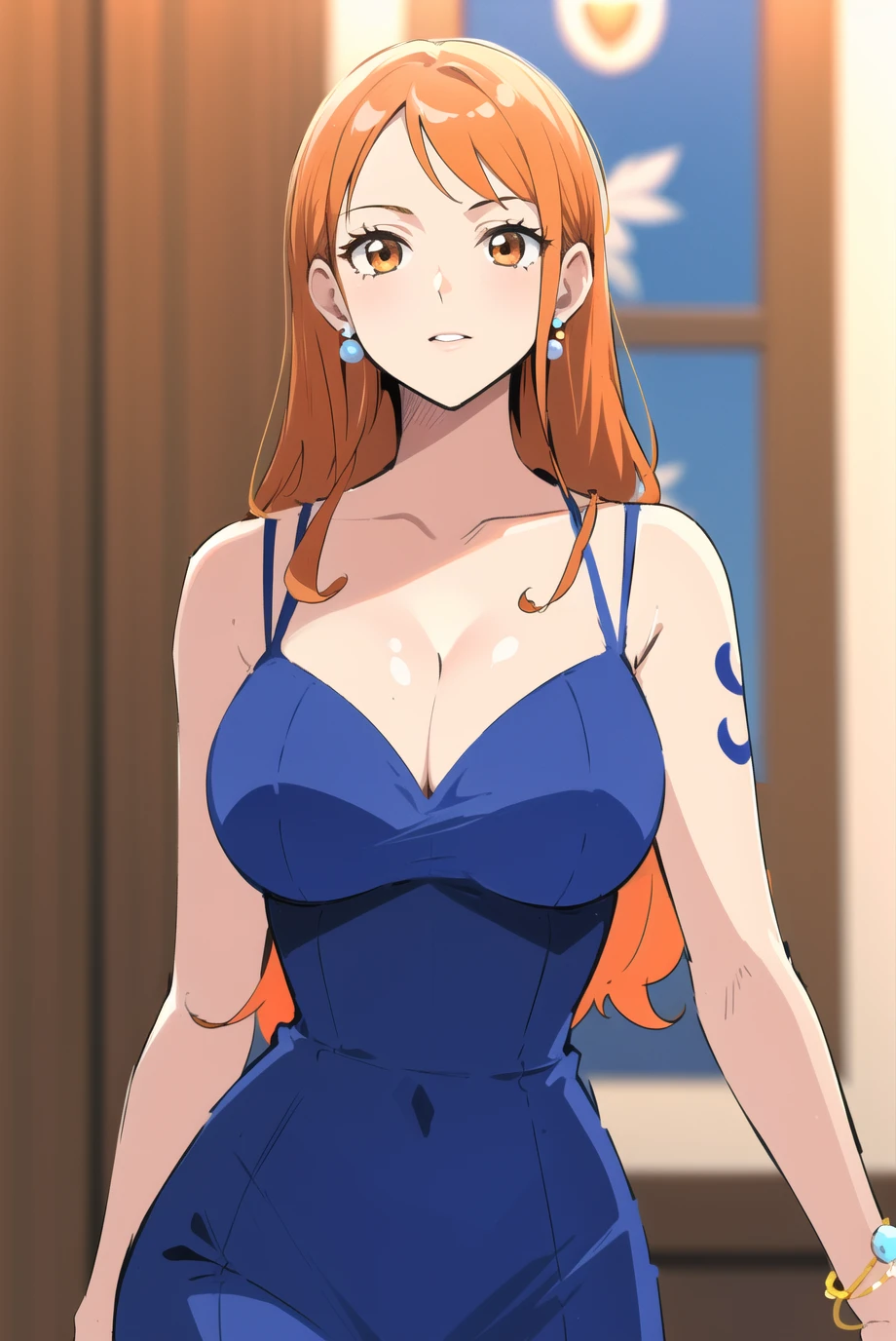 nami \(one piece\),
1girl, bare shoulders, blue dress, blurry, blurry background, breasts, cleavage, collarbone, dress, earrings, jewelry, large breasts, long hair, official alternate costume, orange eyes, orange hair, pearl earrings, pearl hair ornament, sleeveless, sleeveless dress, solo, upper body
, ((masterpiece))   <lora:nami_final_offset:1>