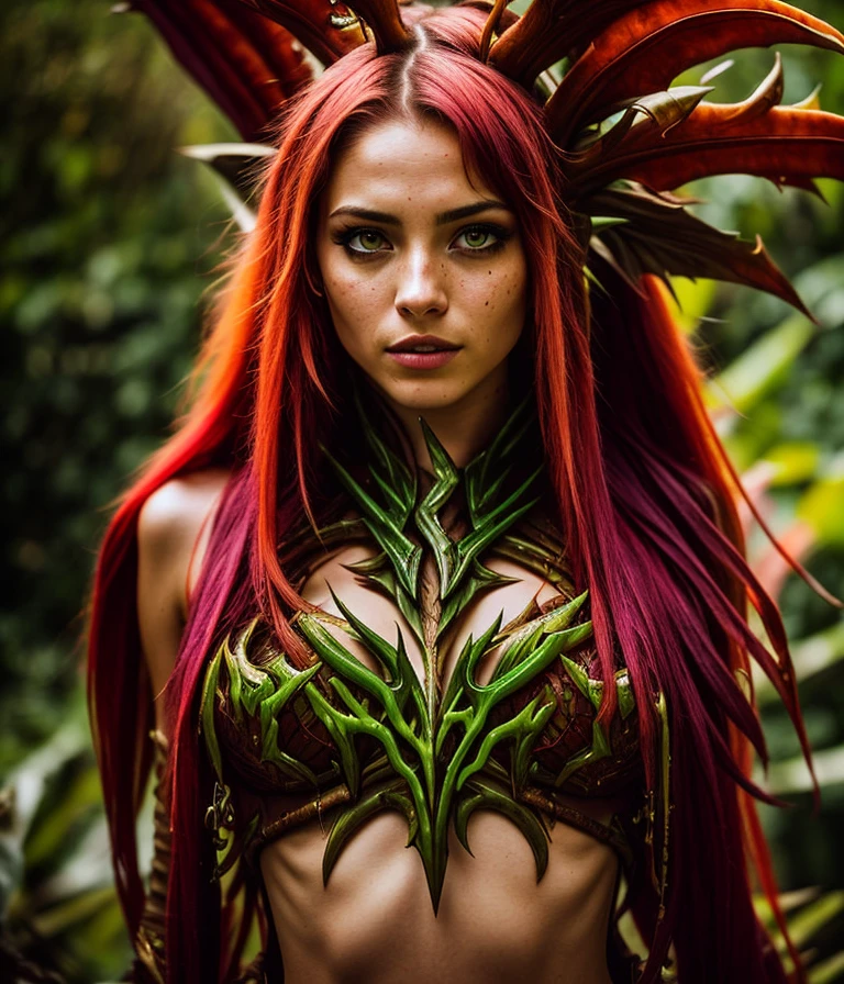 solo mid shot portrait photo of [Lindsey Morgan|Dianna Agron] as [Avril Lavigne|Barbara Palvin] as a real life (Zyra from League of Legends:1.28)
dark fantasy background
by Alice Pasquini and Atey Ghailan
ultra realistic highly detailed intricate photorealistic analog style photograph
sharp focus on eyes, cinematic lighting