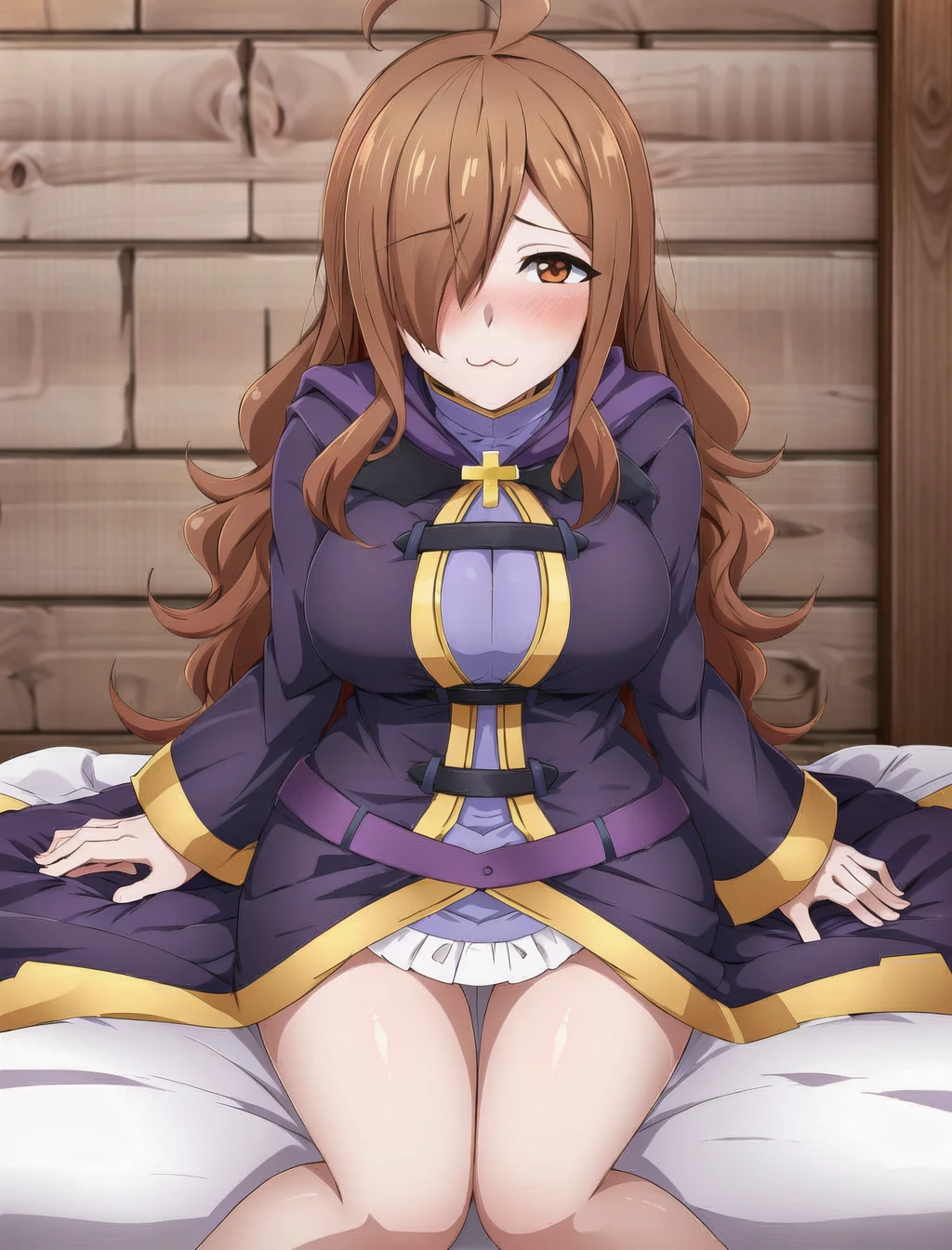 chromatic aberration, depth of field, soft lighting, masterpiece, best quality, WizKonosuba, 1girl, long hair, looking at viewer, blush, :3, large breasts, brown hair, robe, <lora:WizKonosubaLora:0.8>, cross, ahoge, pov, (on bed:1.3), sitting, (wooden wall on background:1.3)