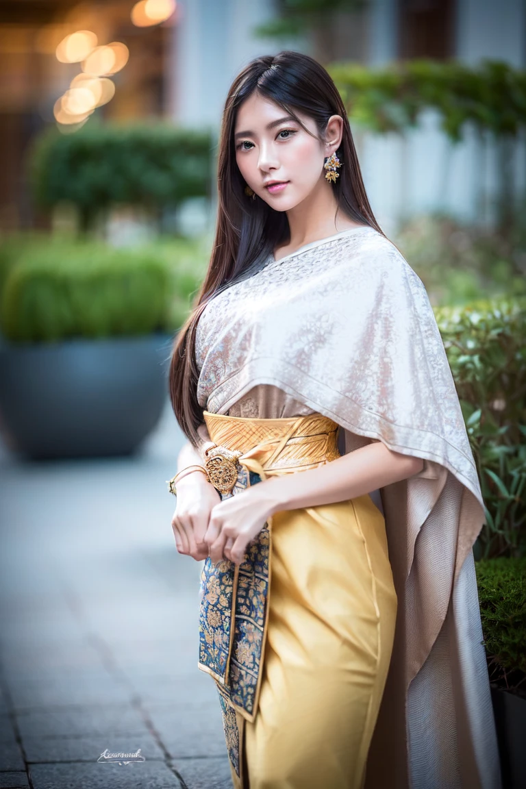 (photorealistic:1.4),(raw photo:1.2),(extremely detailed CG:1.2), (masterpiece:1.2), (best quality:1.2),looking at viewer,(cowboy shot)
,(20 year old girl),((solo)),(white thai tradition dress),(tradition shawl),(walking in garden),(golden jewelry),(garden background),(high detailed garden),(blue thai tradition pant),
,<lora:thai_tradition-3:0.8> ,<lora:japaneseDollLikeness_v10:0.35>