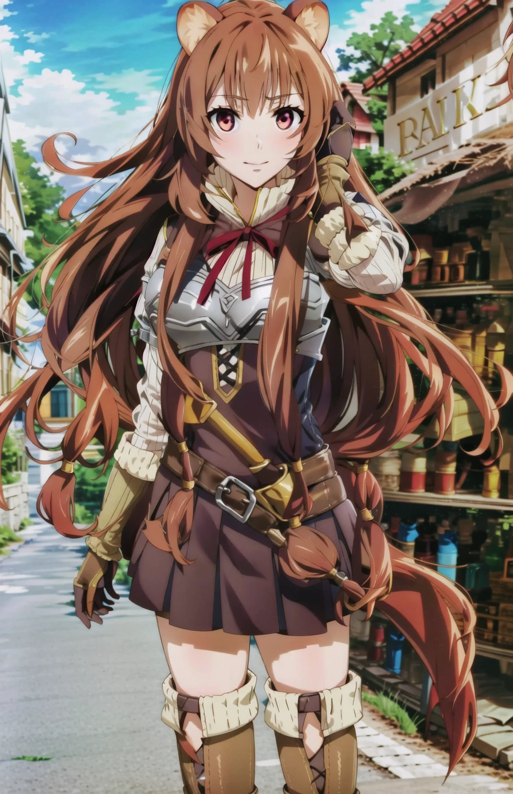 masterpiece, best quality, <lora:RaphtaliaLora-000018:1>, Raphtalia, 1girl, solo, long hair, looking at viewer, bangs, skirt, on street, brown hair, red eyes, thighhighs, long sleeves, animal ears, standing, pov, belt, armor, floating hair, thigh boots, brown footwear, brown gloves, legs apart, raccoon ears, raccoon tail, tail, raccoon girl,