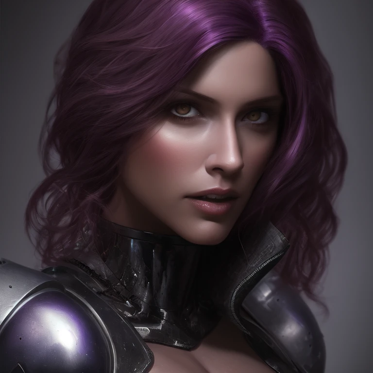 A photo of No-one13 a woman dressed as cyberpunk woman,Dark brown eyes, portrait, highly detailed, digital painting, artstation, concept art, smooth, sharp focus, illustration, cinematic lighting, 4K HQ, sharp focus, (Ultra realistic [[photo]], detailed face:1.0), (detailed eyes:1.0), (realistic photo:1.1), (masterpiece:1.0), detailed background, by Antonio J. Manzanedo, big breasts, purple hair, short hair, robot armor