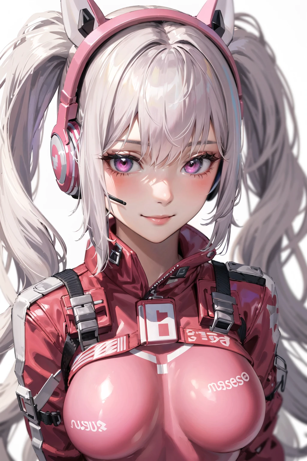 1girl, animal ears, bangs, blush, bodysuit, breasts, closed mouth, fake animal ears, gloves, headphones, headset, horse ears, impossible clothes, jacket, large breasts, long hair, long sleeves, looking at viewer, pink bodysuit, pink eyes, simple background, skin tight, smile, solo, twintails, upper body, very long hair, white background, white gloves, white hair,alice \(nikke\),(masterpiece:1.4),(best quality:1.4),(shiny skin),realistic