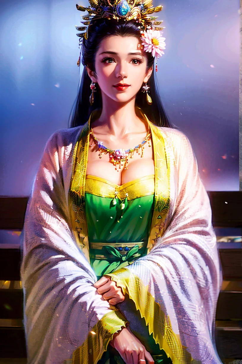 (8k, RAW photo, best quality, highres:1.2), (realistic, photo-realistic:1.37), beautiful detailed girl, extremely detailed eyes and face, beautiful detailed eyes, 1girl, medium breasts, pale skin, narrow waist, looking at viewer, lips apart, realistic light, realistic shadow, light smile, alluring,innocent big eyes, jewelry, necklace, breasts, hair_ornament, solo, dress, earrings, flower, hanfu, makeup, beads, bangle, long_hair, long eyelasher, queen's dress, put hands down , put hands behind , arms back behind,
