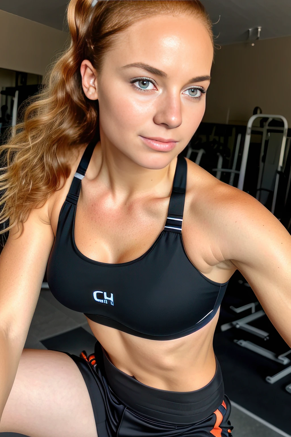 color photograph, close-up, ((a realistic photo of a beautiful dutch girl)), ((wearing gym shorts and sports bra)), light, ((glowy skin)), (black eyeliner), detailed facial features, ((eyes wingz)), looking_at_viewer, (fit body:1.0), ((medium breasts)), redhead, high ponytail, detailed illustration, masterpiece, high quality, realistic, very detailed face, <lora:pokies_01:0.4>