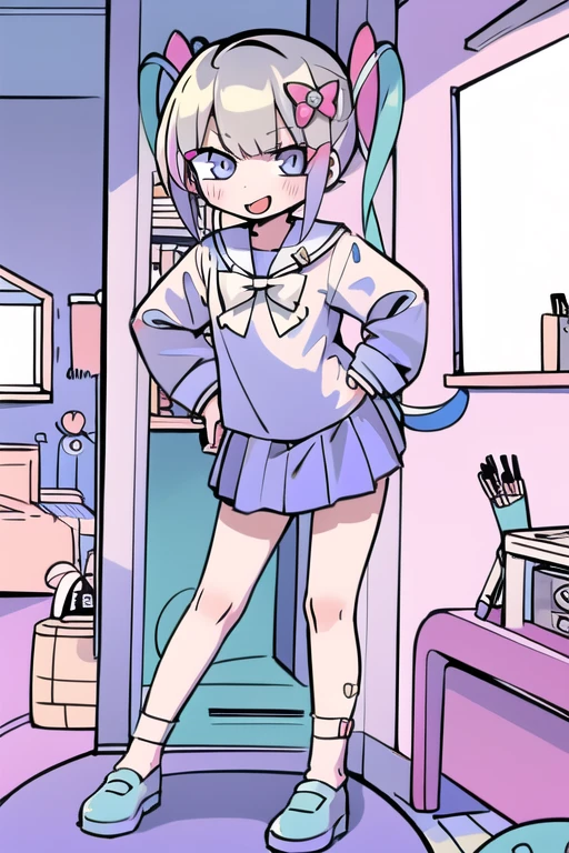 masterpiece, best quality, absurdres, 1girl, school uniform, kangel, smile, standing, contrapposto, bedroom, leaning forward, <lora:kangelNeedyGirl_v10:1>,<lora:teradatera:1>, chibi