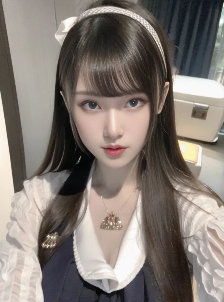 best quality, (photorealistic:1.2), 1girl, solo, detailed face, face focus, standing, black hair,(hair ornament:1.35),school uniform, ribbon-trimmed sleeves, detached sleeves, ribbon trim, wide sleeves, (looking at viewer:1.5) long hair, black eyes, bangs, lips,