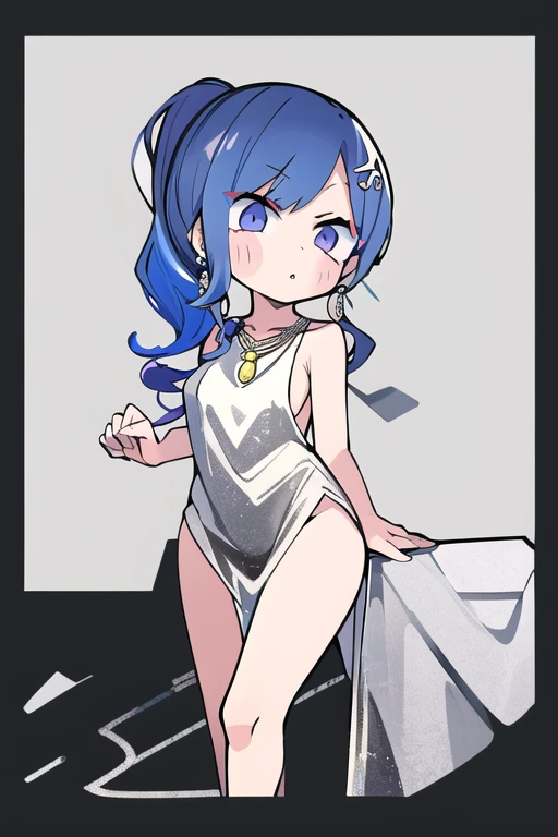 masterpiece, best quality, 1girl, solo, st. louis \(luxurious wheels\) \(azur lane\), hair ornament, earrings, necklace, cowboy shot, silver dress, revealing clothes, looking at viewer, <lora:stLouisLuxuriousWheels_v1:1>,<lora:teradatera:1>, chibi