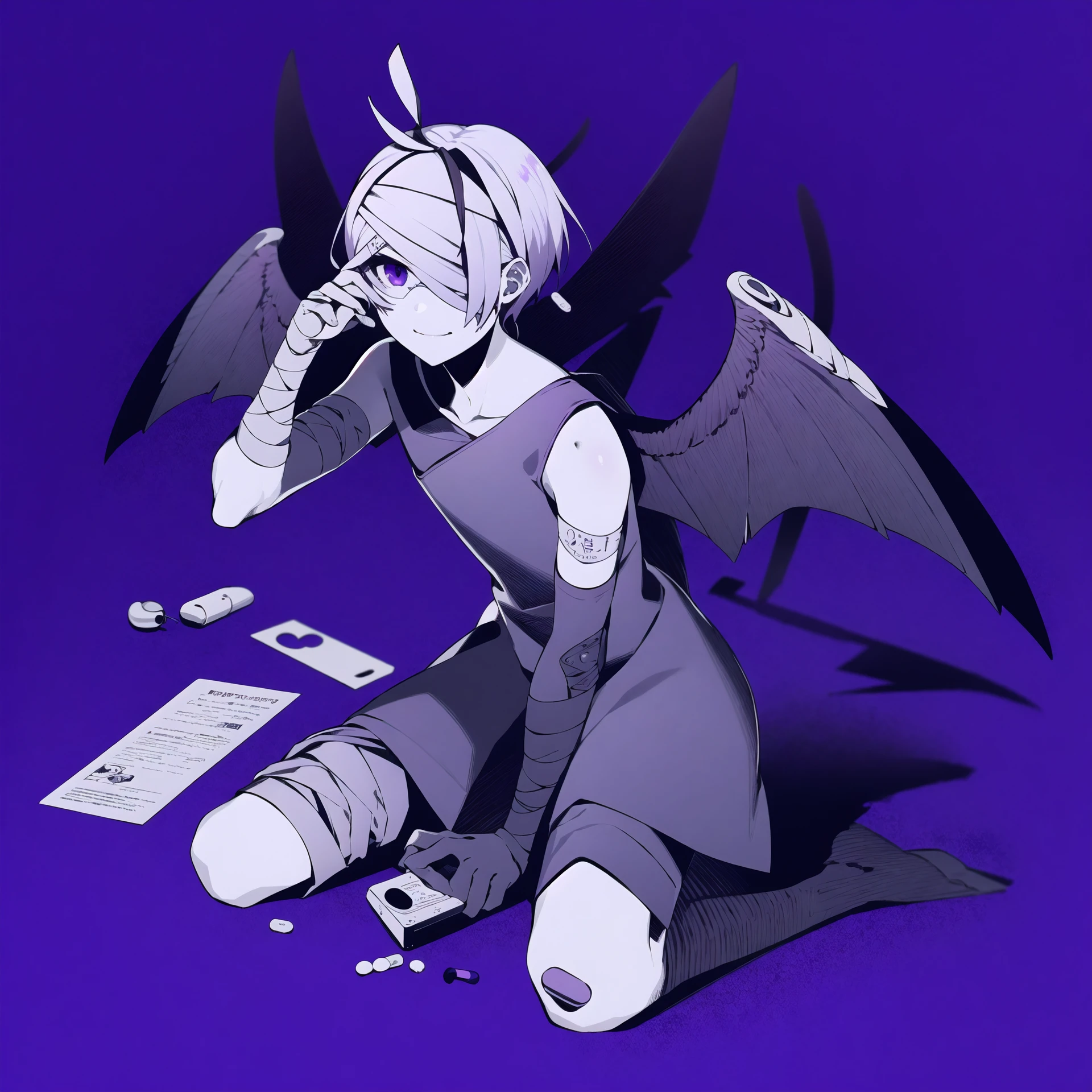 masterpiece, best quality, 1girl, solo, looking_at_viewer, smile, short_hair, 1boy, sitting, purple_eyes, monochrome, male_focus, wings, hair_over_one_eye, blood, bandages, bandaid, purple_background, bandaged_leg, syringe, bandage_over_one_eye, pill, bandaged_head, intravenous_drip, <lora:nouV2-000008:1>