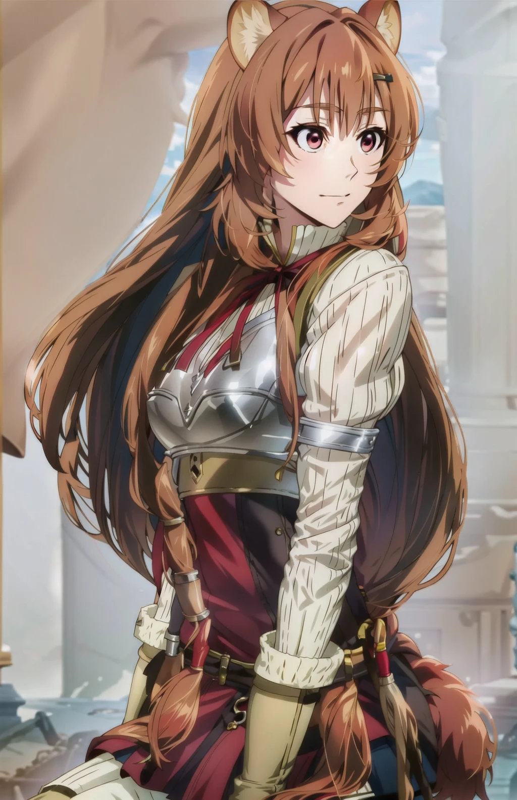 masterpiece, best quality, artstation, <lora:RaphtaliaLora-000018:1>, Raphtalia, 1girl, solo, long hair, closed mouth, bangs, skirt, simple background, brown hair, red eyes, sitting, armor, gloves, raccoon ears, raccoon tail, tail, lying, profile