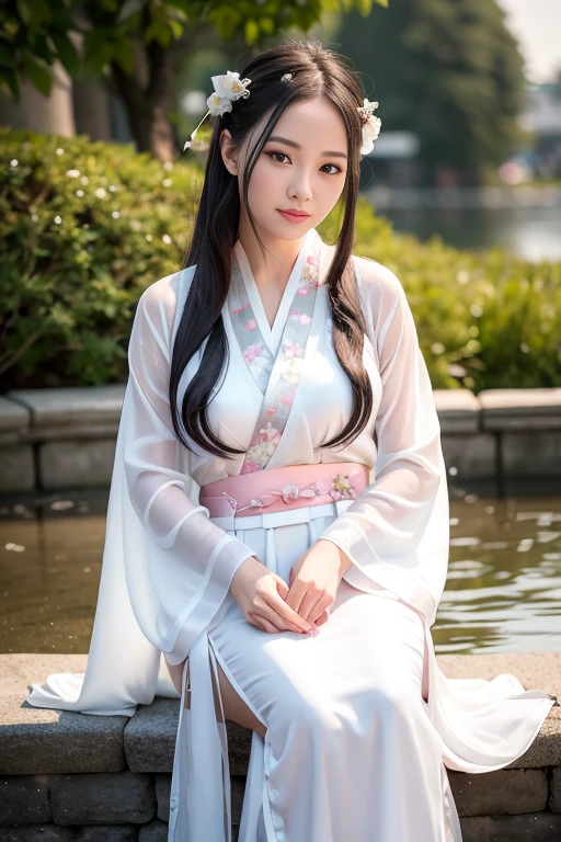 25age, (8k, best quality, masterpiece:1.2), (realistic, photo-realistic:1.37),1girl, cute, night, dating, (nose blush), (smile:1.15), (closed mouth) small breasts, beautiful detailed eyes,, night, wet, rain, white lace, floating hair,Wearing a white hanfu dress is holding a fan,(hanfu:1.4),(lora:hanfu:0.6)