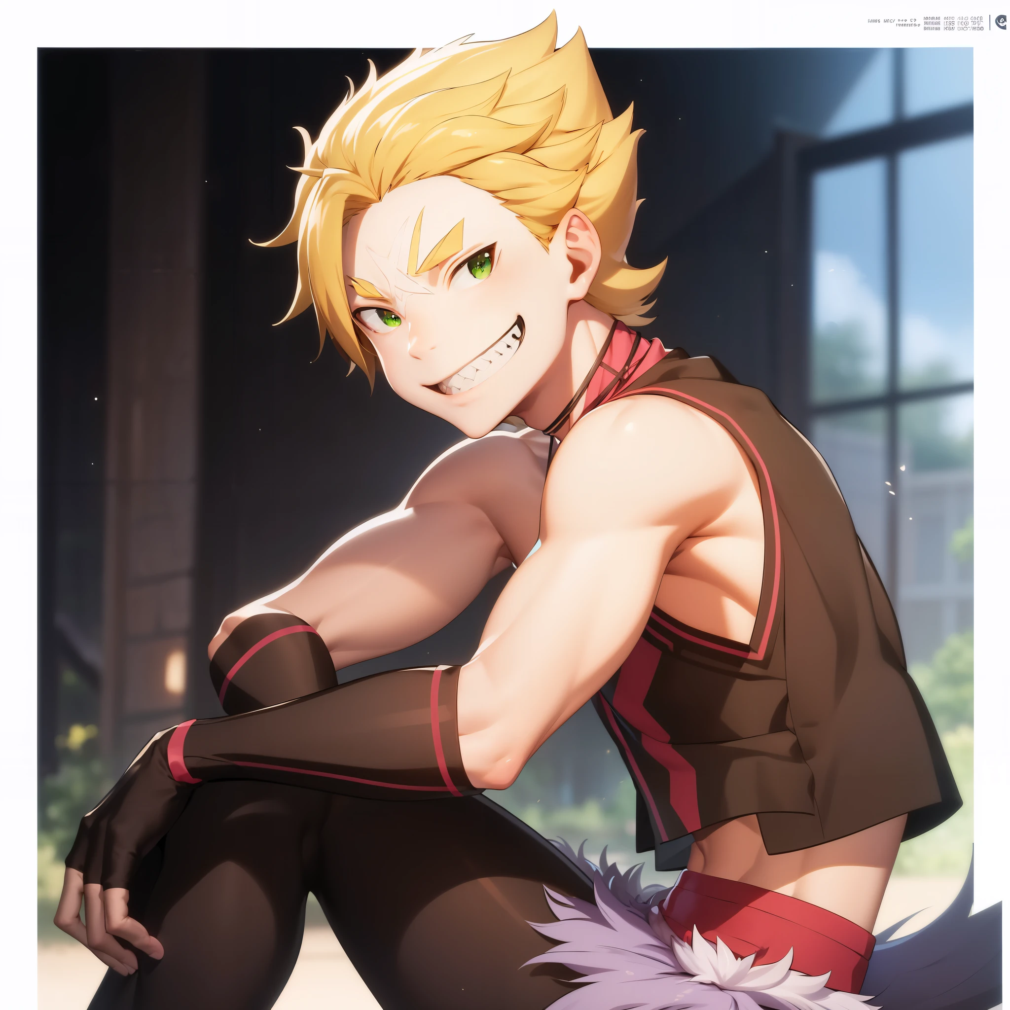masterpiece,best quality,2d,anime,
1boy, male focus, solo, blonde hair, green eyes, gloves, smile, fingerless gloves, teeth, sharp teeth, grin, spiked hair, black gloves, looking at viewer, sitting,scar, <lora:garf:1>,