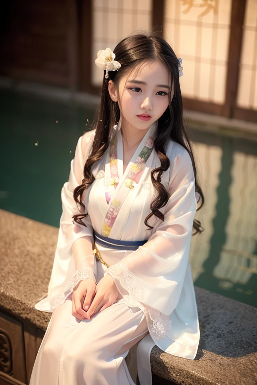 18age, (8k, best quality, masterpiece:1.2), (realistic, photo-realistic:1.37),1girl, cute, night, sitting, dating, (nose blush), (smile:1.15), (closed mouth) small breasts, beautiful detailed eyes,, night, wet, rain, white lace, floating hair,Wearing a white hanfu dress is holding a fan,(hanfu:1.4),(lora:hanfu:1.6)