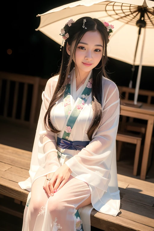 25age, (8k, best quality, masterpiece:1.2), (realistic, photo-realistic:1.37),1girl, cute, night, sitting, dating, (nose blush), (smile:1.15), (closed mouth) small breasts, beautiful detailed eyes,, night, wet, rain, white lace, floating hair,Wearing a white hanfu dress is holding a fan,(hanfu:1.4),(lora:hanfu:0.7)