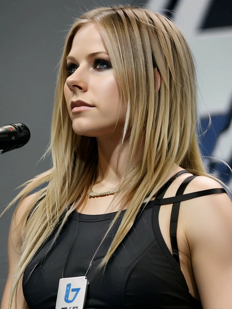(((SIDE SHOT))) photo of Avril Lavigne sitting at a panel at comic-con, (wearing black leggings and a tight sports bra),(cleavage), extremely high quality RAW photograph, detailed background, intricate, Exquisite details and textures, highly detailed, ultra detailed photograph, warm lighting, artstation, 4k, sharp focus, high resolution, detailed skin, detailed eyes, 8k uhd, dslr, high quality, film grain, Fujifilm XT3,
