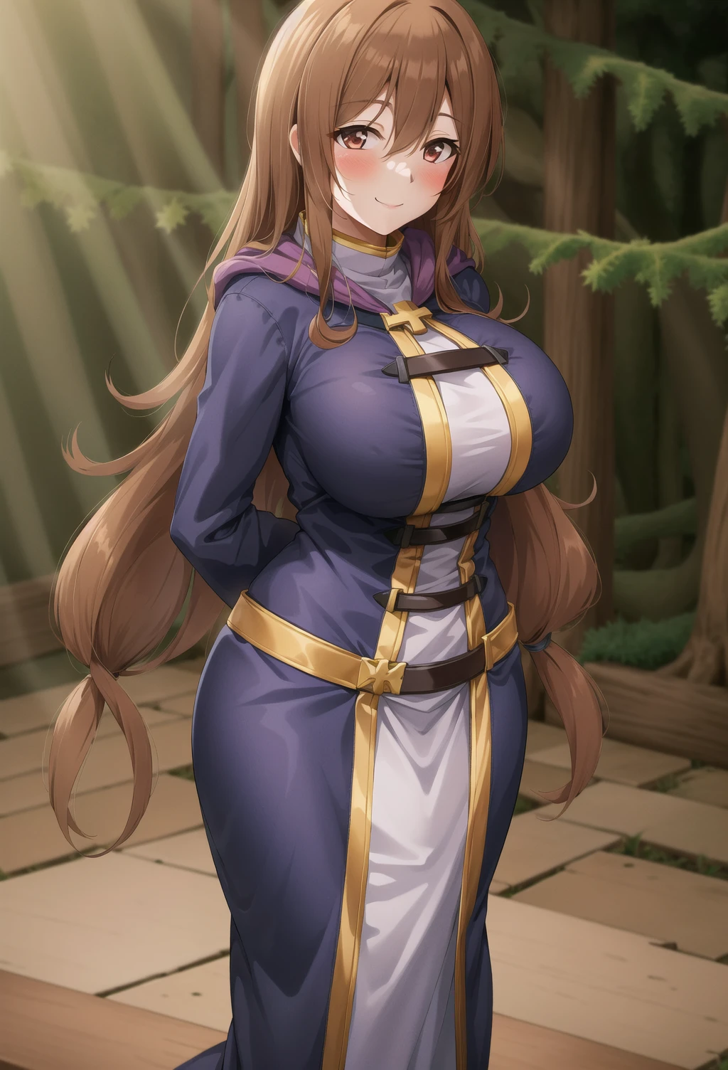 chromatic aberration, depth of field, soft lighting, masterpiece, best quality, WizKonosuba, 1girl, long hair, looking at viewer, blush, smile, large breasts, brown hair, long sleeves, robe, <lora:WizKonosubaLora:0.6>, (on forest:1.3), smile, full body, hands behind back