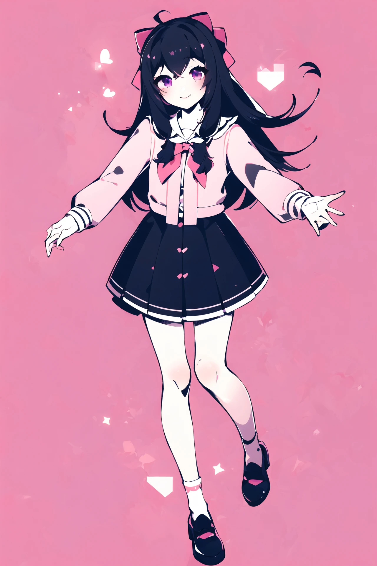 masterpiece, best quality, 1girl, solo, upper body, long_hair, looking_at_viewer, smile, bangs, skirt, simple_background, shirt, black_hair, long_sleeves, bow, long hair, monochrome, hair_bow, heart, frills, shoes, bowtie, pink_eyes, heart-shaped_pupils, pink_background, pink_shirt, arms behind back, jirai_kei, <lora:nouV2:1>, closed mouth, pink hair, pink hair bow, neckerchief, dynamic pose, black skirt, <lora:jiaranV23:0.8>, jiaran, reaching towards viewer, selfie