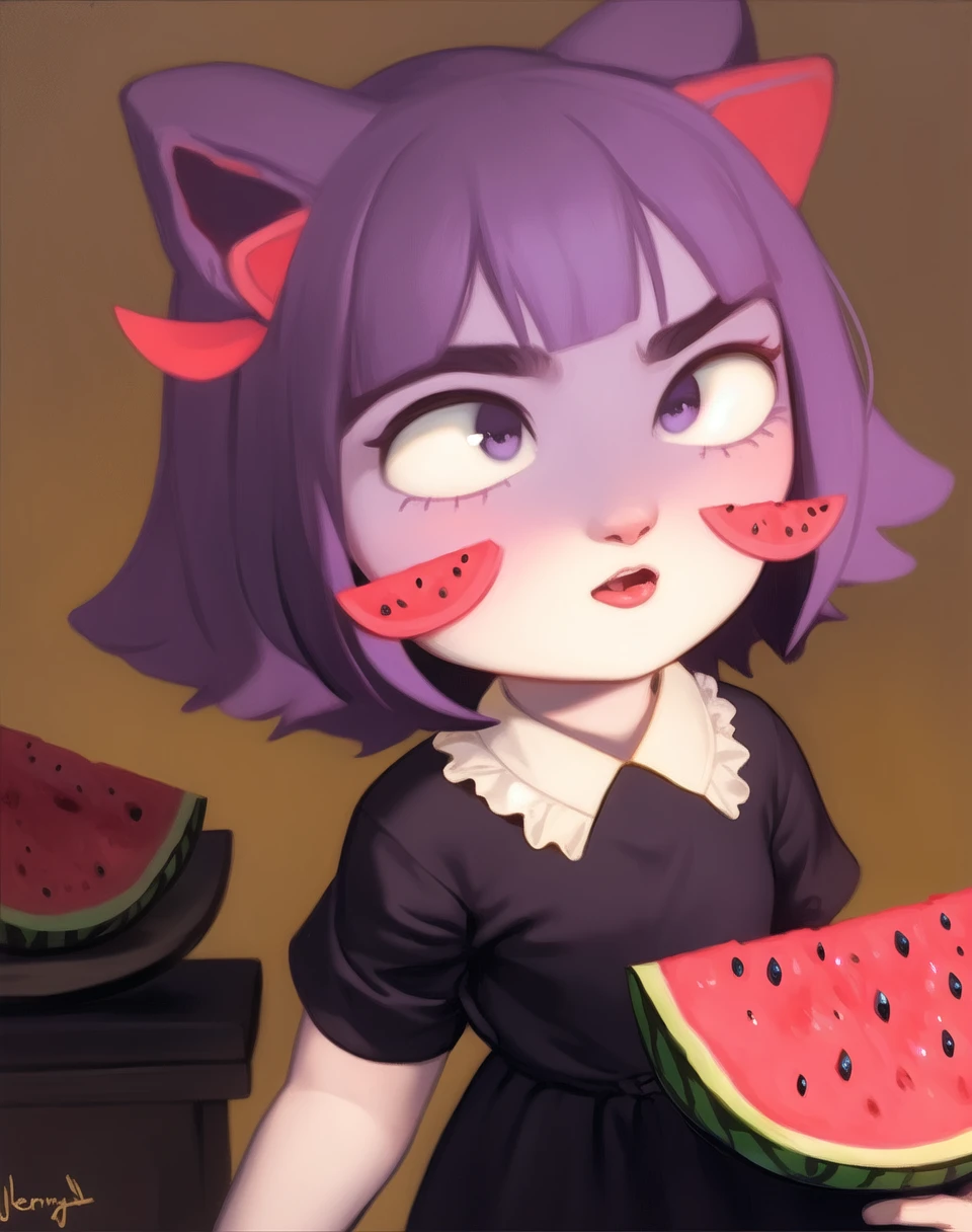 beautiful, masterpiece, best quality, masunya, cat ears, (purple skin color:1.1), maid dress, holding watermelon, shocked expression, scared, <lora:my_LoRA_masunya_v3:0.8> by Jeremy Lipking, by William Bouguereau, (by Alphonse Mucha:0.5),
