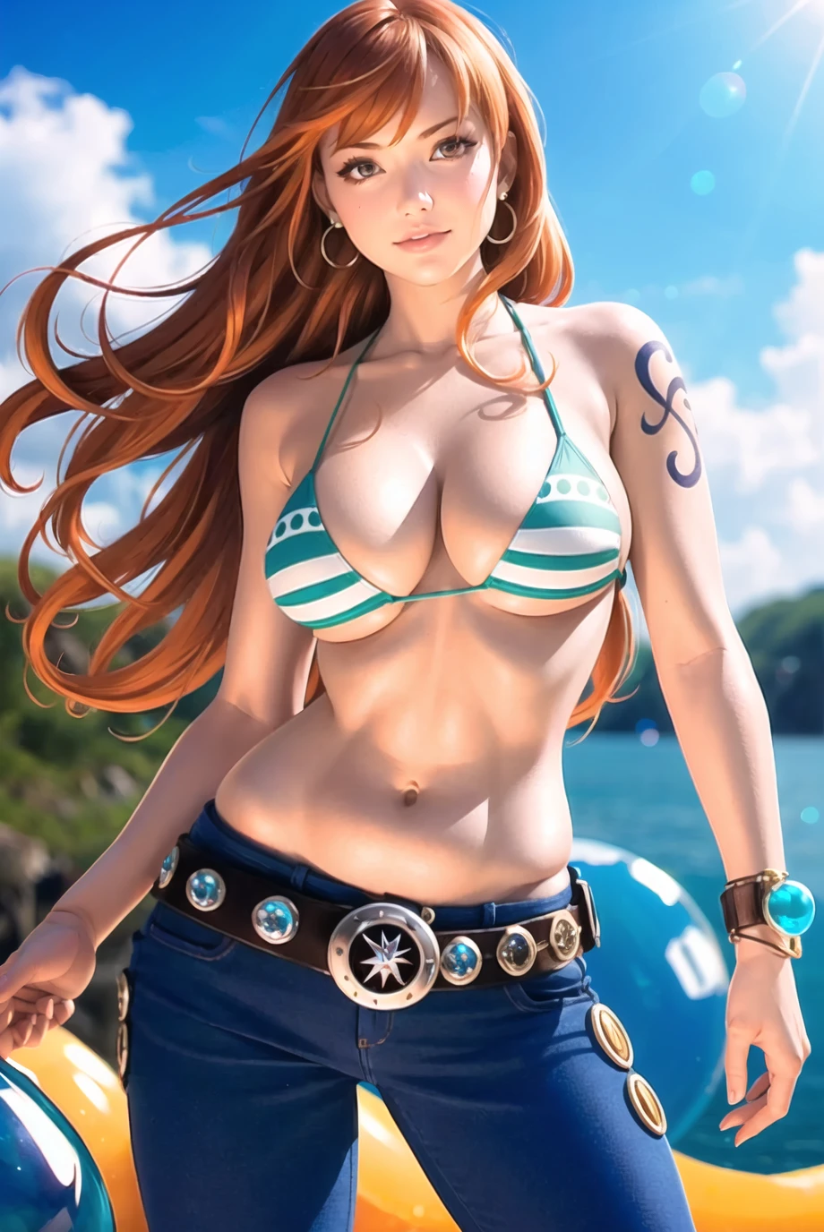 masterpiece, (photorealistic:1.5), best quality, beautiful lighting, real life, nami \(one piece\),
1girl, bangle, bangs, bare shoulders, belt, bikini, bikini top only, blue sky, bracelet, breasts, brown eyes, bubble, cleavage, cloud, cowboy shot, day, denim, earrings, floating hair, green belt, green bikini, groin, jeans,  jewelry, large breasts, log pose, long hair, looking at viewer, navel, orange hair, pants, shoulder tattoo, sidelocks, sky, smile, solo, standing, stomach, swimsuit, tattoo
, intricate, high detail, sharp focus, dramatic, beautiful girl , (RAW photo, 8k uhd, film grain), caustics, subsurface scattering, reflections
<lora:nami_final_offset:1>