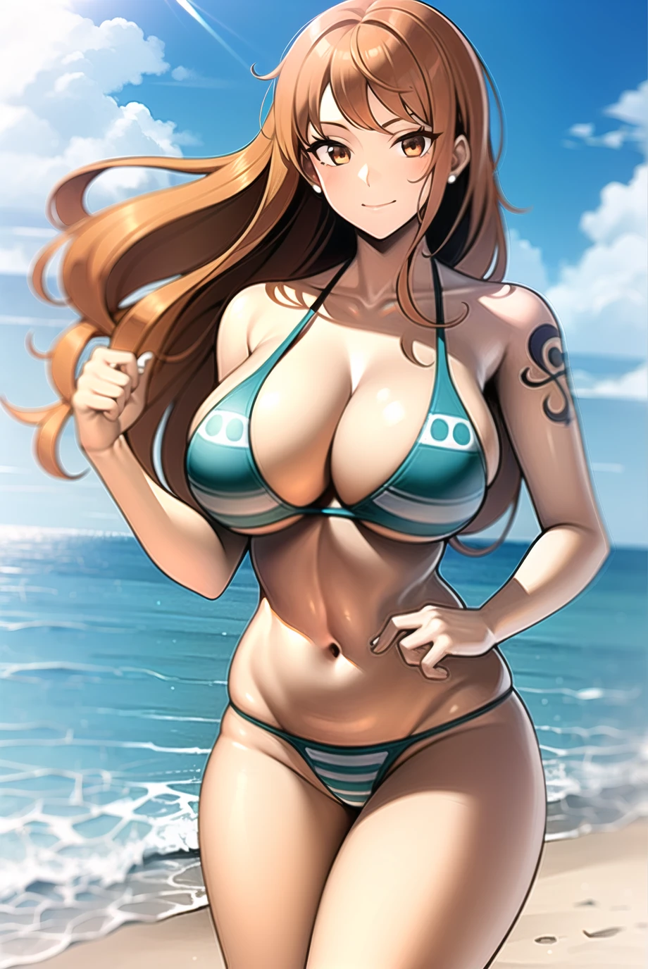 nami \(one piece\),
1girl, adjusting clothes, arm tattoo, bare arms, bare shoulders, beach, bikini, breasts, brown eyes, cleavage, closed mouth, cowboy shot, day, floating hair, halterneck, large breasts, legs together, long hair, looking at viewer, orange hair, outdoors, sand, smile, solo, striped, striped bikini, swimsuit, tattoo, thighs, two-tone bikini, water
, ((masterpiece))   <lora:nami_final_offset:1>