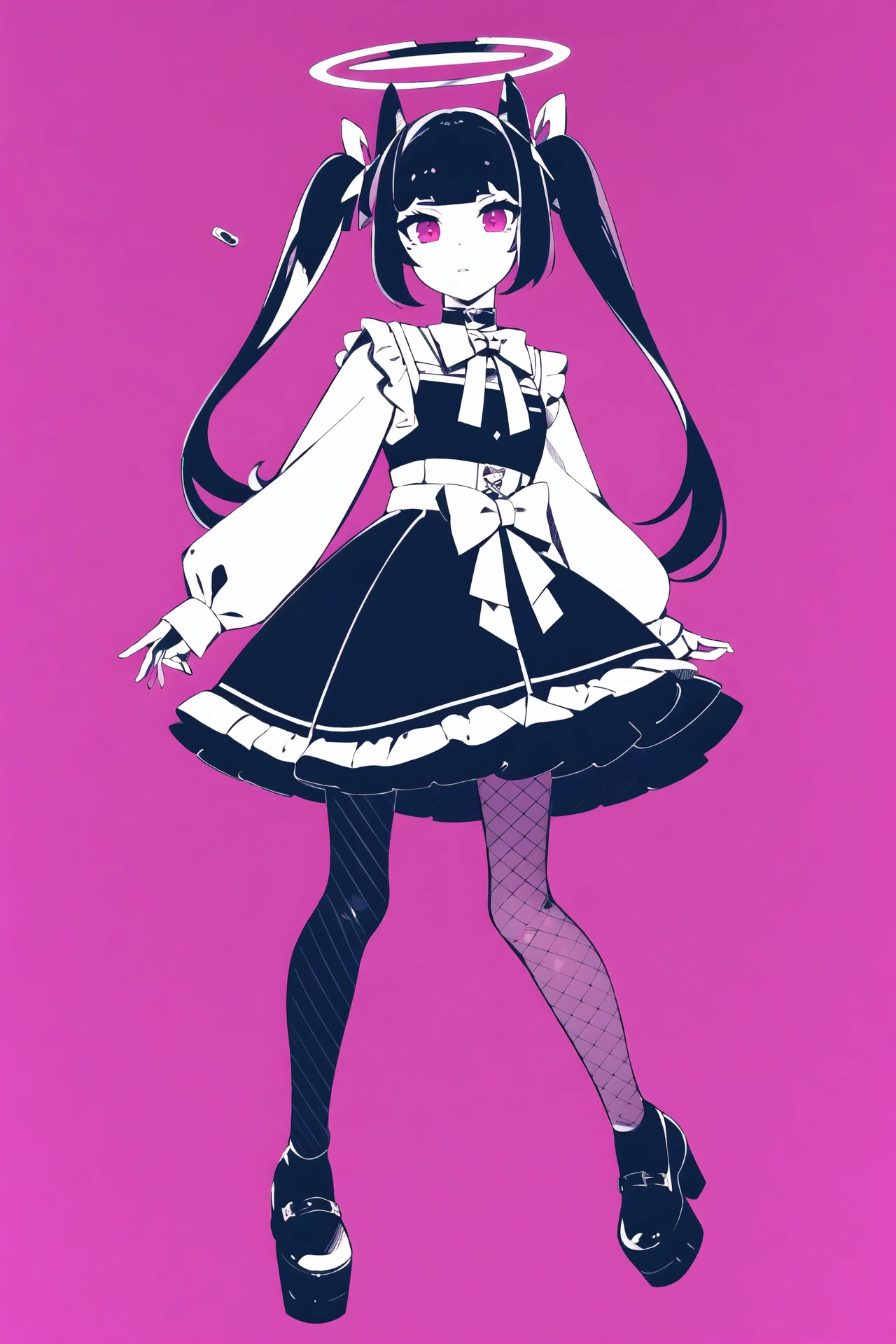 masterpiece, best quality, 1girl, solo, long_hair, looking_at_viewer, bangs, skirt, shirt, black_hair, long_sleeves, bow, ribbon, twintails, hair_bow, heart, pantyhose, frills, shoes, choker, blunt_bangs, black_skirt, pink_eyes, halo, pink_background, frilled_skirt, pink_bow, fishnets,pink_shirt, fishnet_pantyhose, platform_footwear, pink_theme, pill, jirai_kei, monochrome, <lora:nouV2-000008:1>